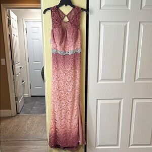 Elegant Pink Lace Gown with Silver Accents